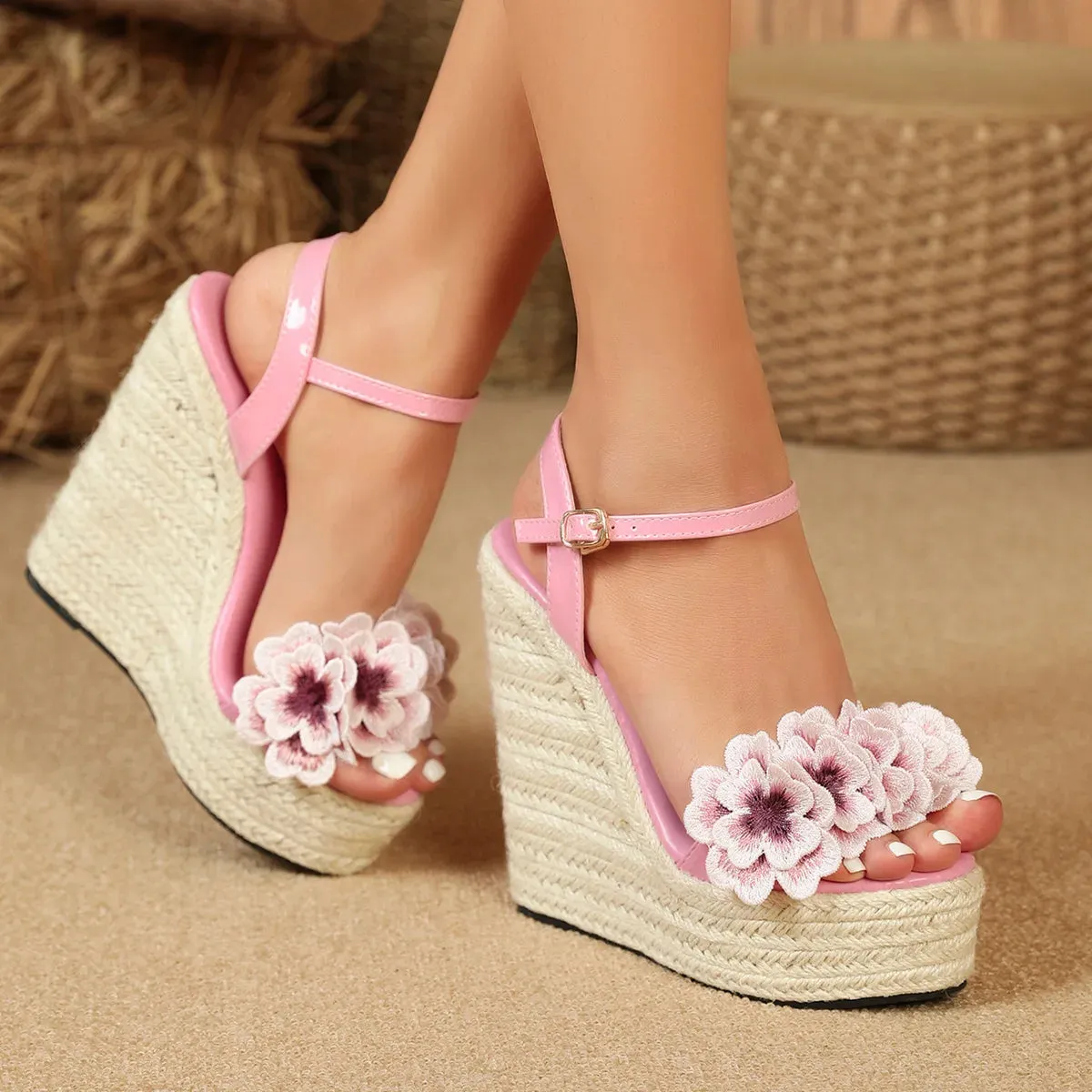 3D Floral Platform Sandals Waterproof Wedges