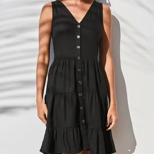 Black Viscose/Linen Mixed Tiered Mini Dress