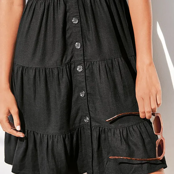 Black Viscose/Linen Mixed Tiered Mini Dress