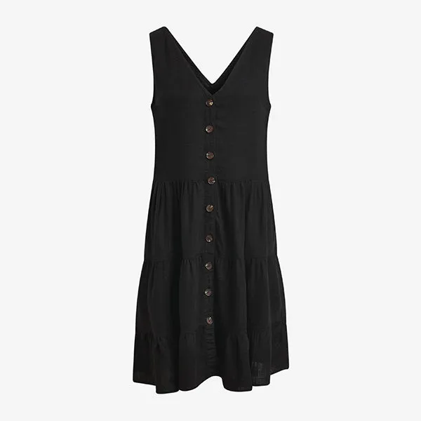 Black Viscose/Linen Mixed Tiered Mini Dress