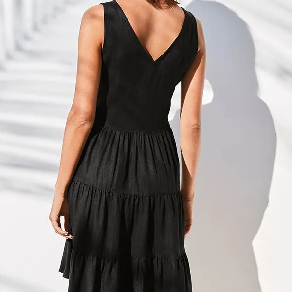 Black Viscose/Linen Mixed Tiered Mini Dress