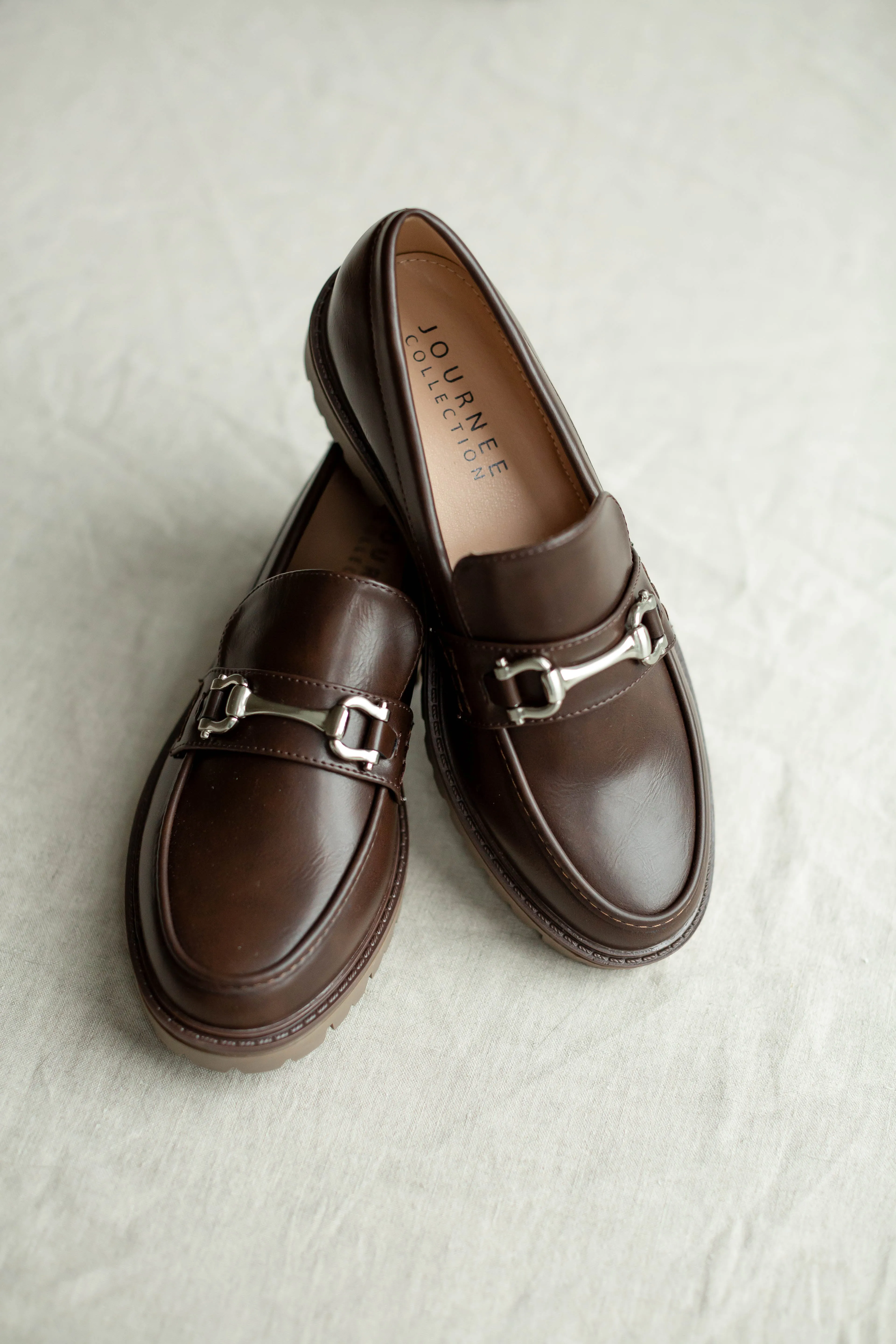 'Kingston' Silver Buckle Faux Leather Loafers in Chocolate