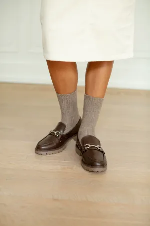 'Kingston' Silver Buckle Faux Leather Loafers in Chocolate