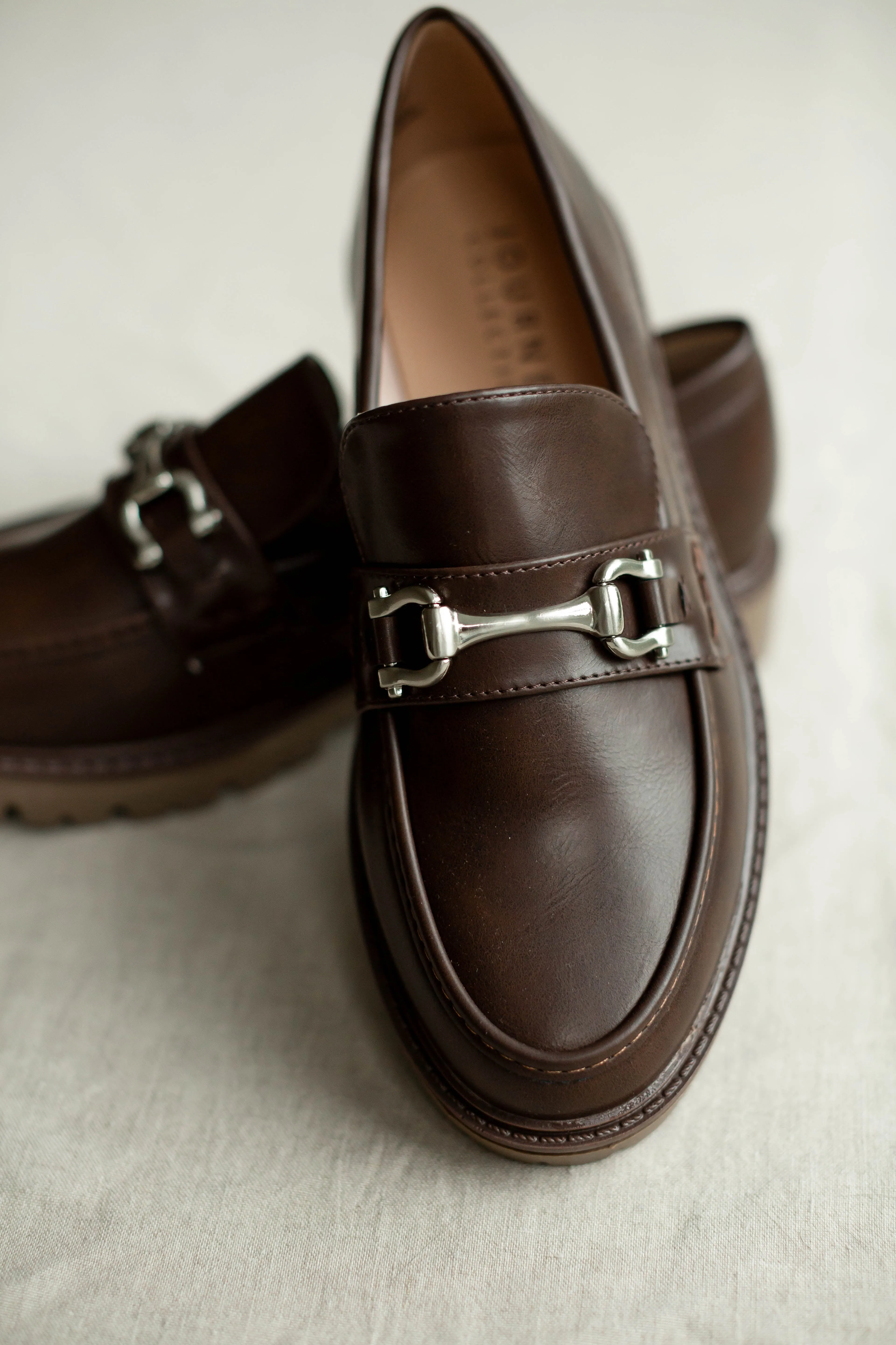 'Kingston' Silver Buckle Faux Leather Loafers in Chocolate