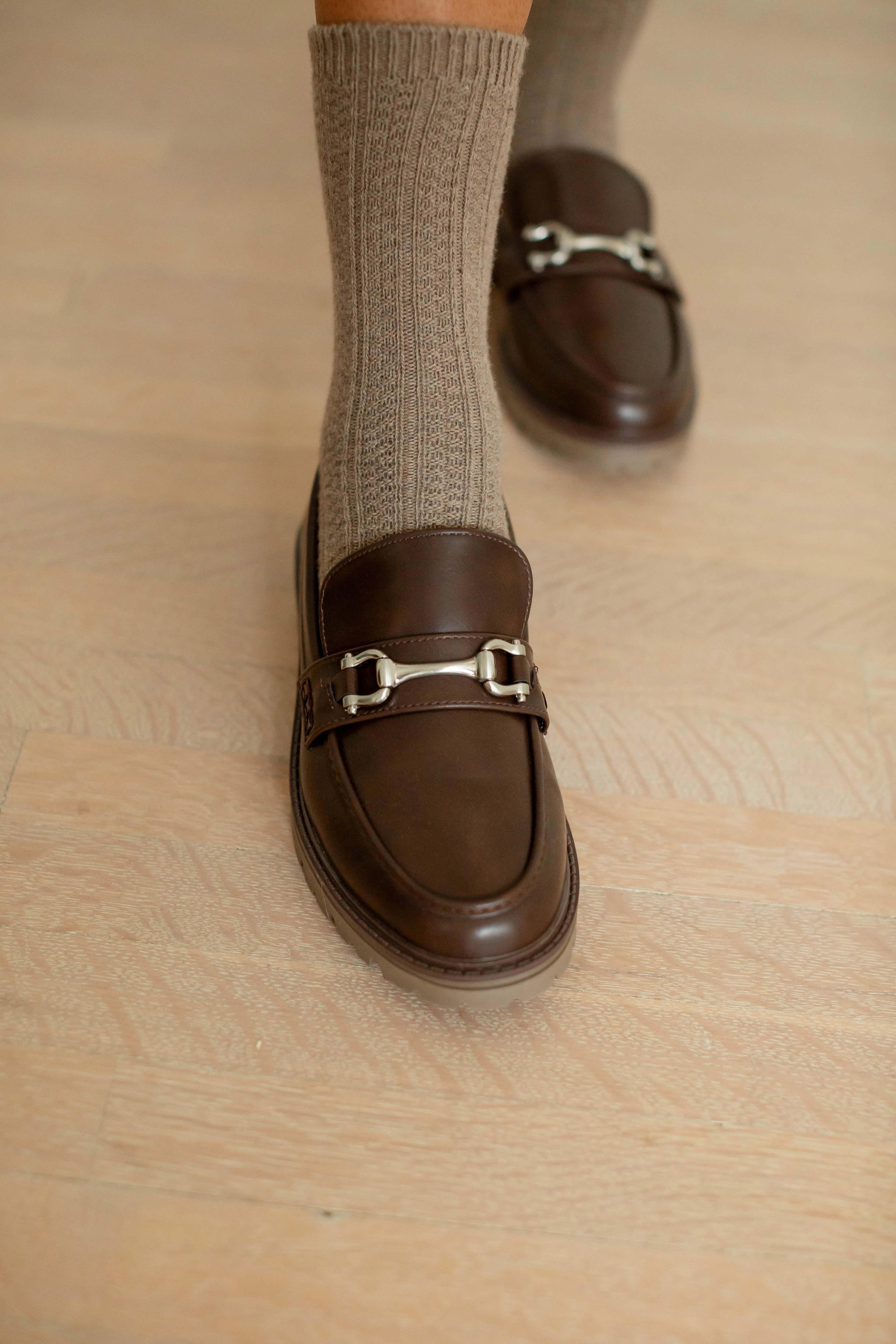 'Kingston' Silver Buckle Faux Leather Loafers in Chocolate