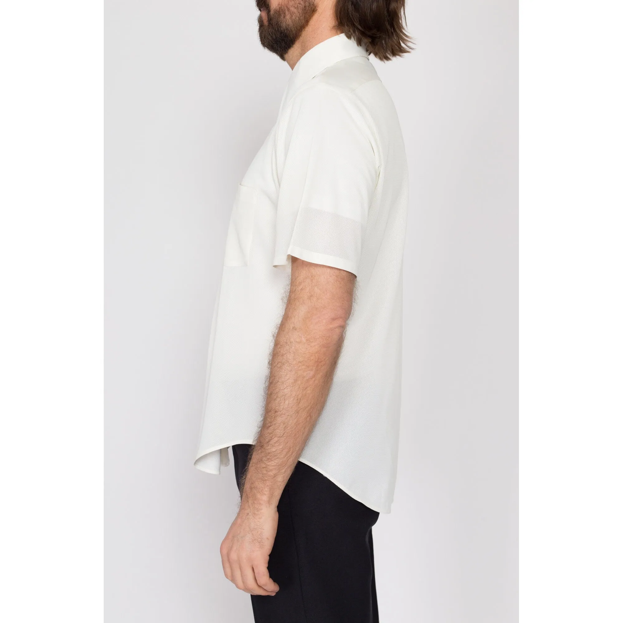 Large 70s Sheer White Short Sleeve Collared Shirt