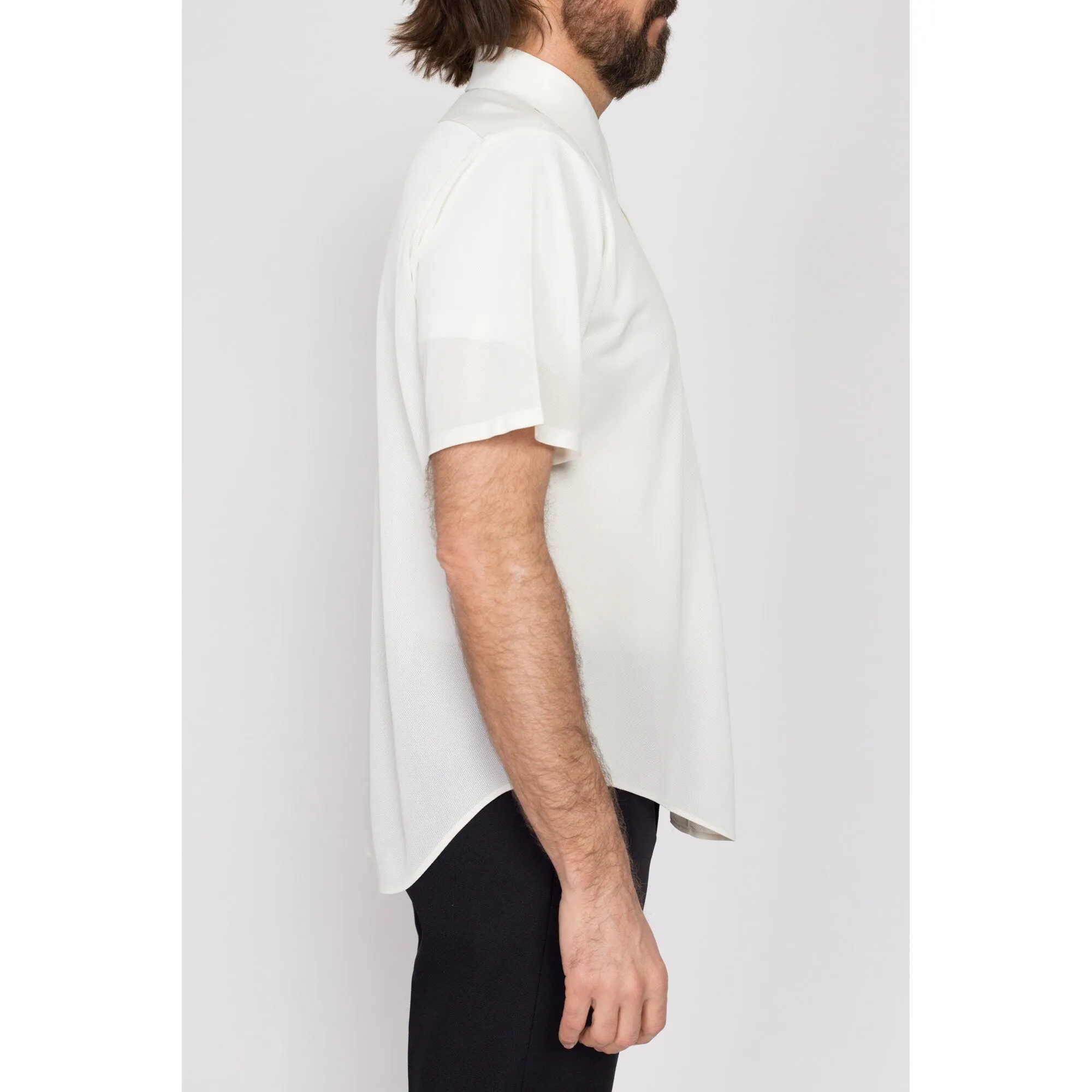 Large 70s Sheer White Short Sleeve Collared Shirt
