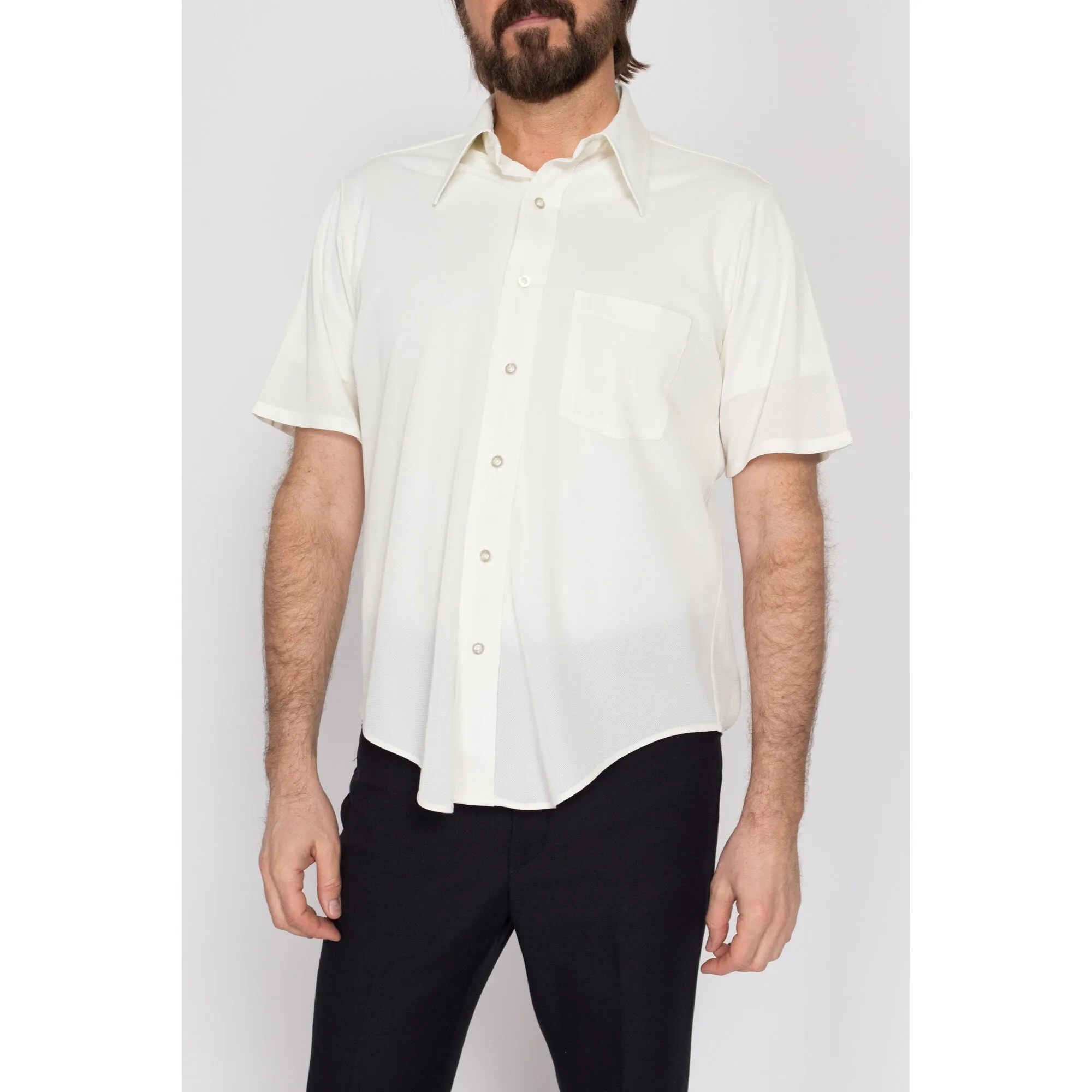 Large 70s Sheer White Short Sleeve Collared Shirt