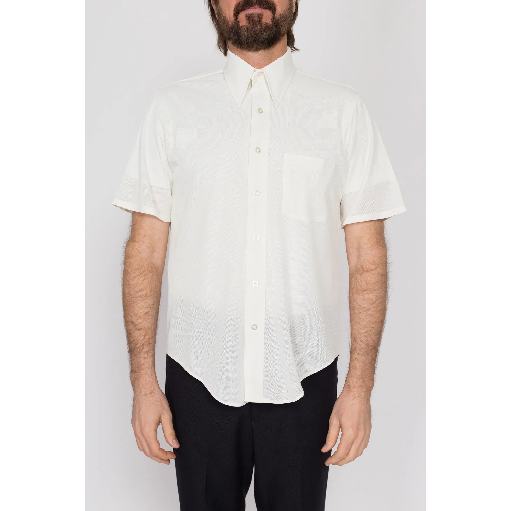 Large 70s Sheer White Short Sleeve Collared Shirt