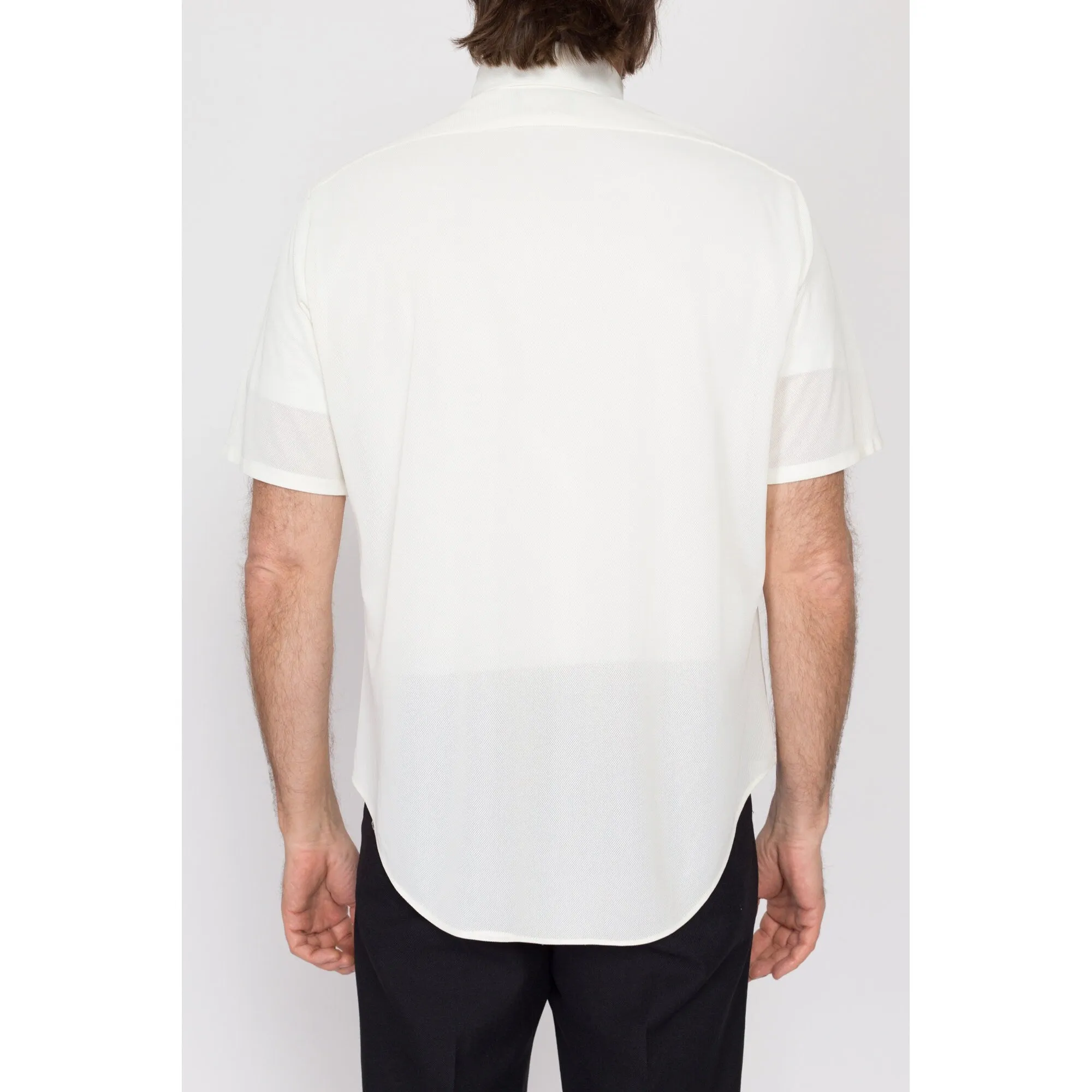 Large 70s Sheer White Short Sleeve Collared Shirt