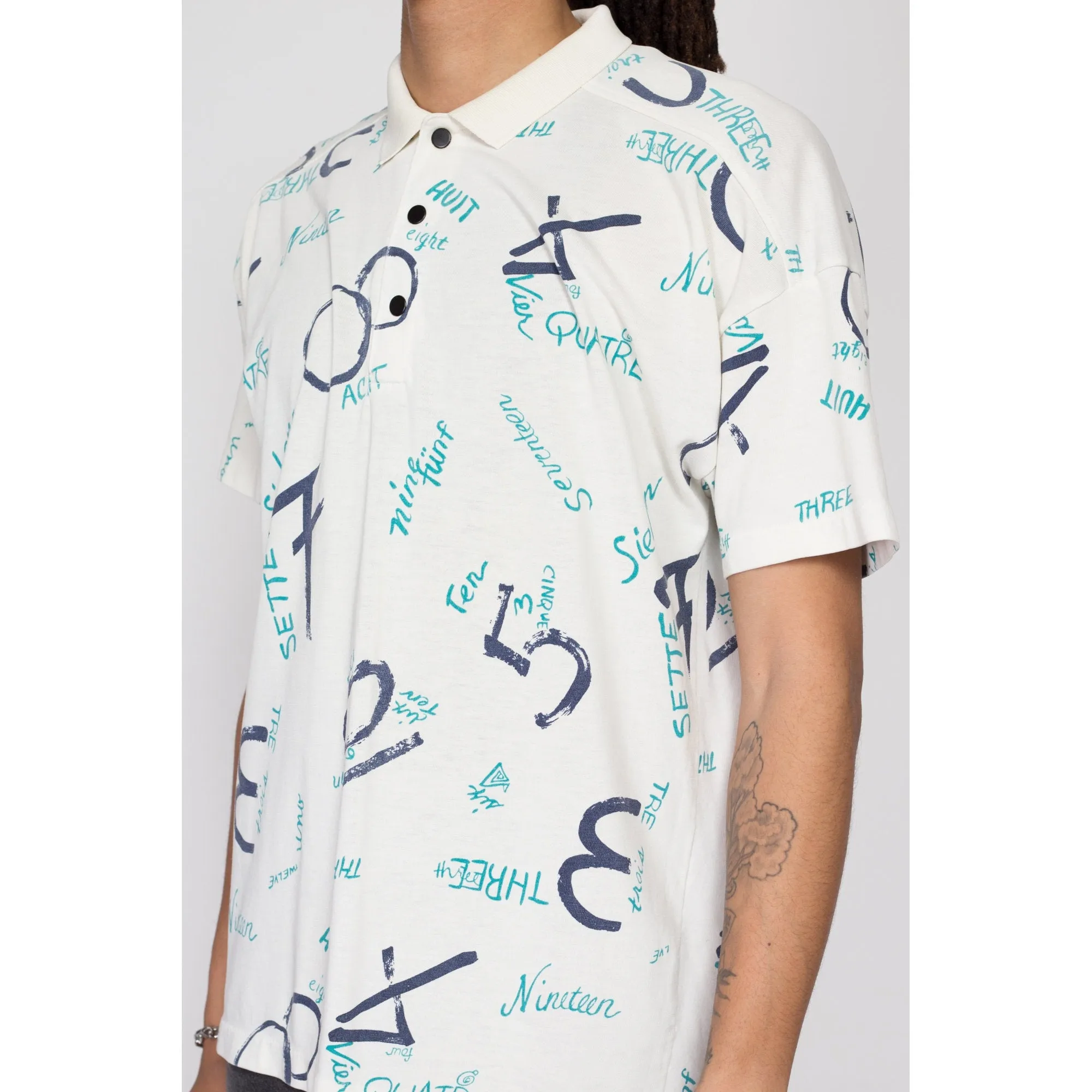 Large 80s Foreign Language Number Novelty Print Polo Shirt