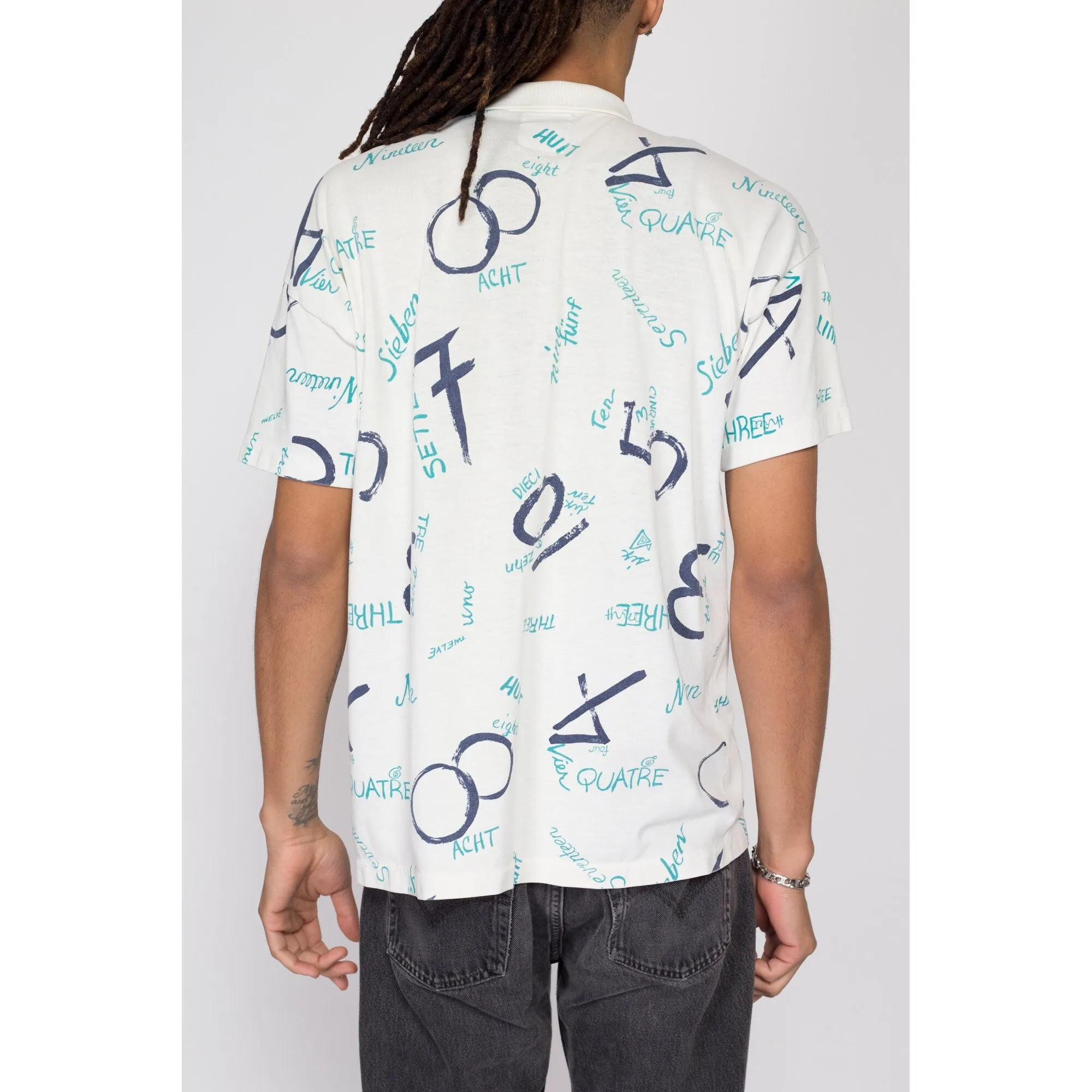 Large 80s Foreign Language Number Novelty Print Polo Shirt