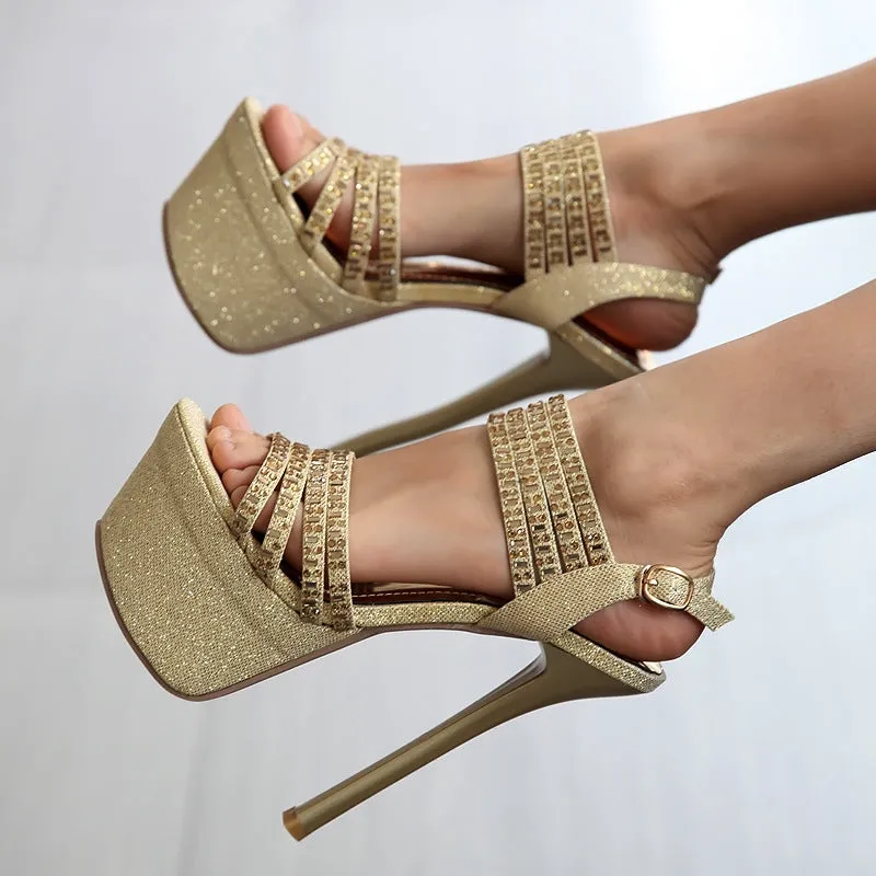 Rhinestone Ultra-High Heel Waterproof Platform Sandals