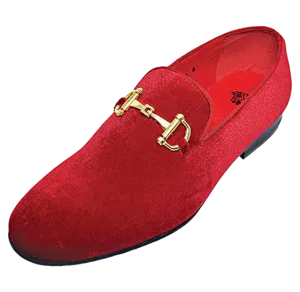 Royal Shoes Men's Red Velvet Slip-On Gold Buckle Fashion Tuxedo Loafer