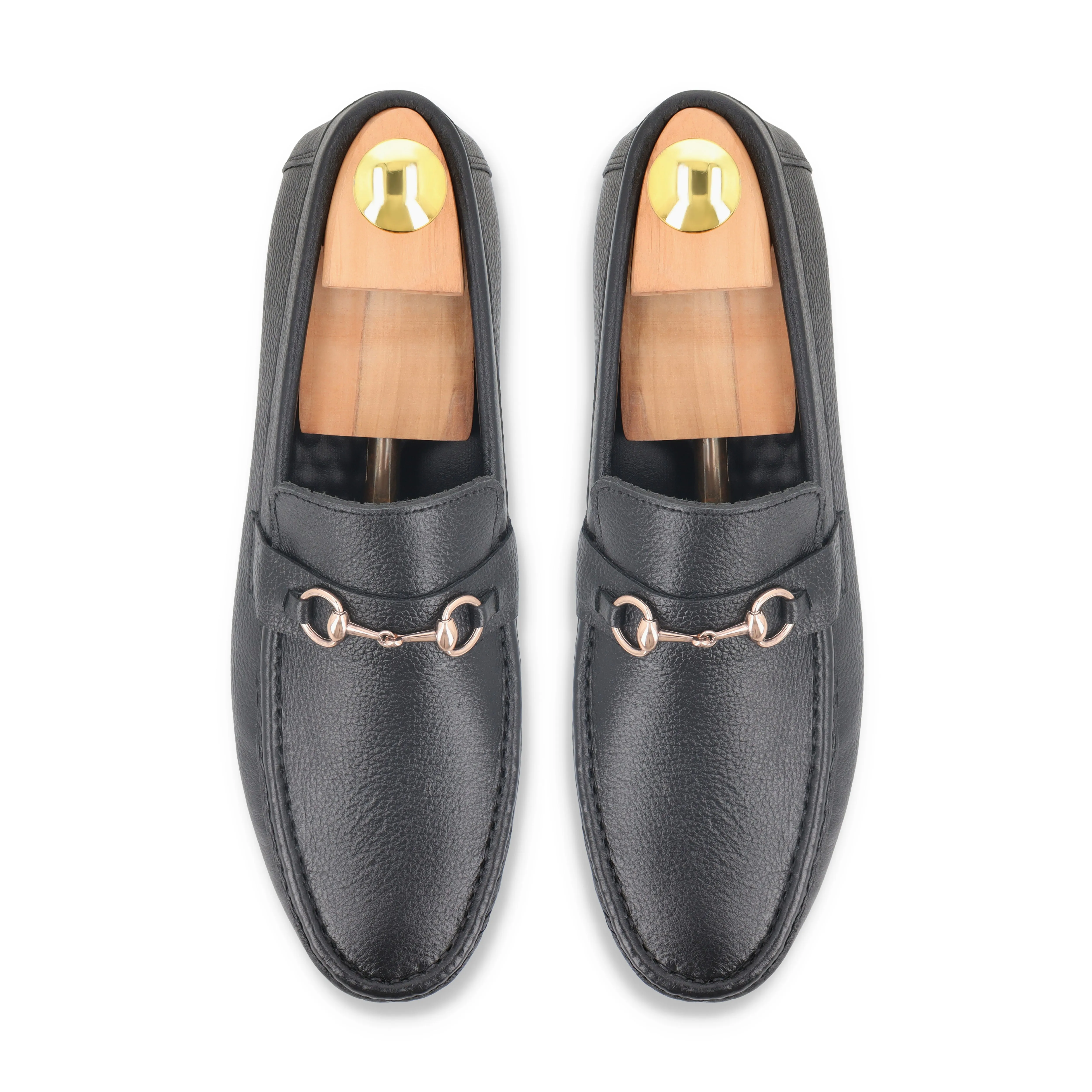 Sleek Golden Buckled Moccasins - Black