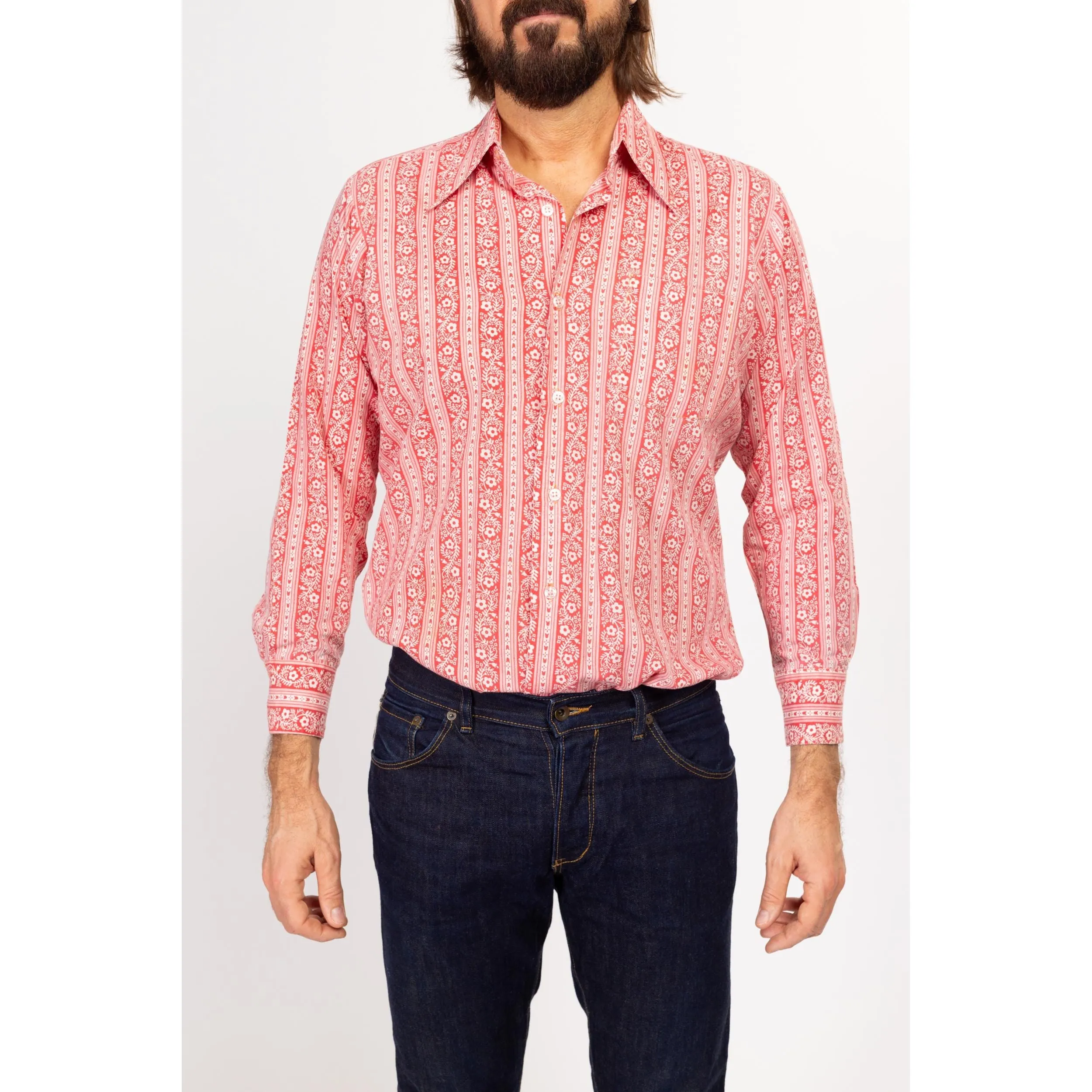 Sm-Med 70s Red & White Floral Collared Shirt