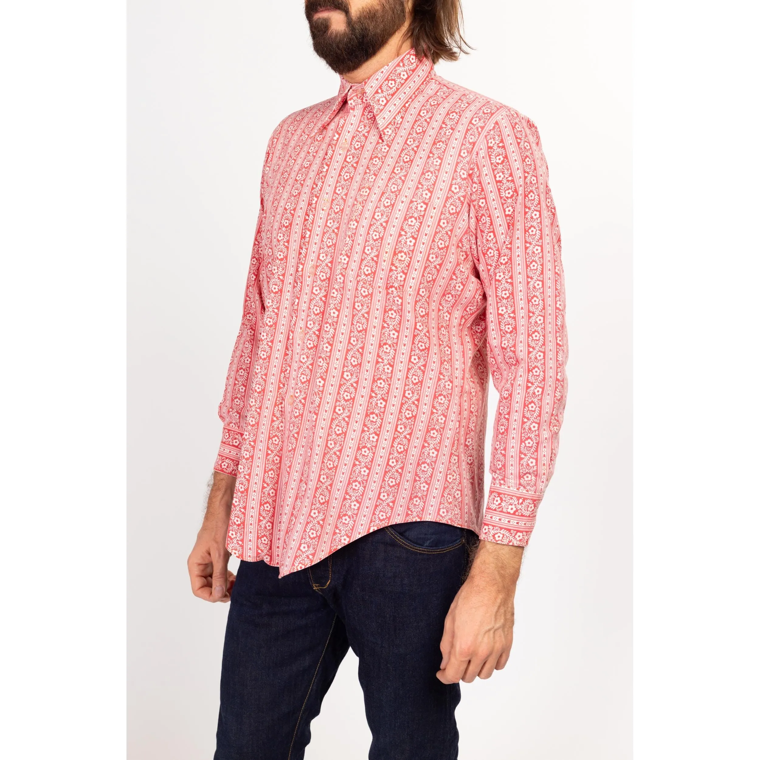 Sm-Med 70s Red & White Floral Collared Shirt