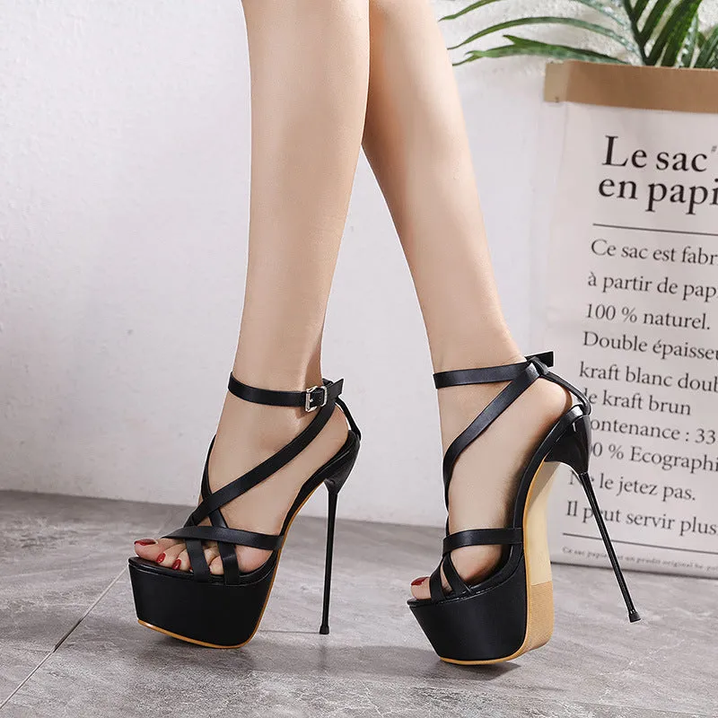 Super High Thin Heel Crossed With Button Sandals