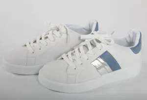 White Faux Leather 6 eye laced Blue Collar and Stripe Trainer